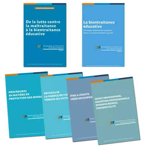 Brochures du Programme de Protection des Publics Fragiles – 3PF est une démarche globale qui se décline sous la forme de documents et d'un site destinés à accompagner les communautés éducatives sur les questions de maltraitances et sur la mise en place d’une culture de la bientraitance au sein des établissements de l’Enseignement catholique.