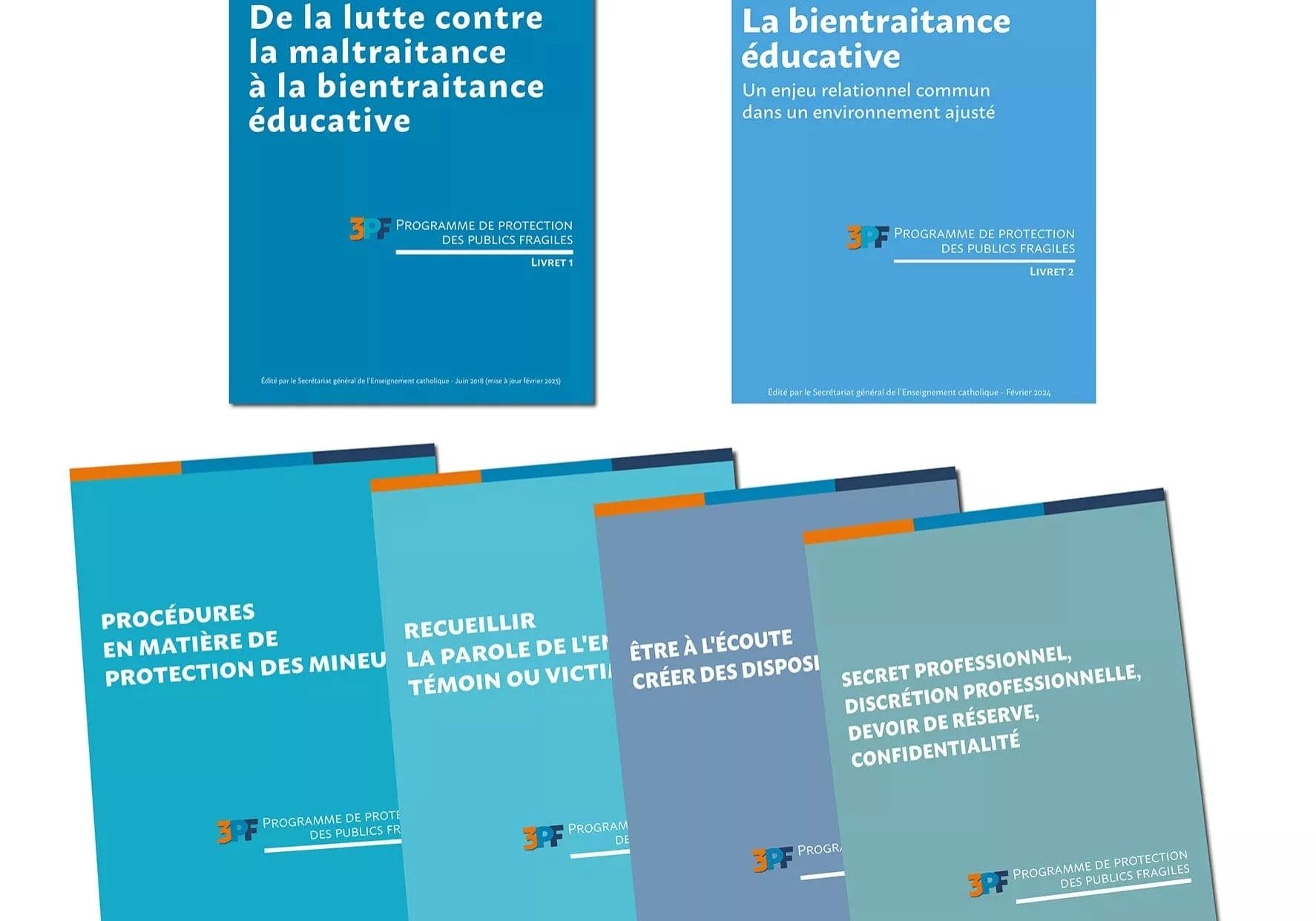 Brochures du Programme de Protection des Publics Fragiles – 3PF est une démarche globale qui se décline sous la forme de documents et d'un site destinés à accompagner les communautés éducatives sur les questions de maltraitances et sur la mise en place d’une culture de la bientraitance au sein des établissements de l’Enseignement catholique.